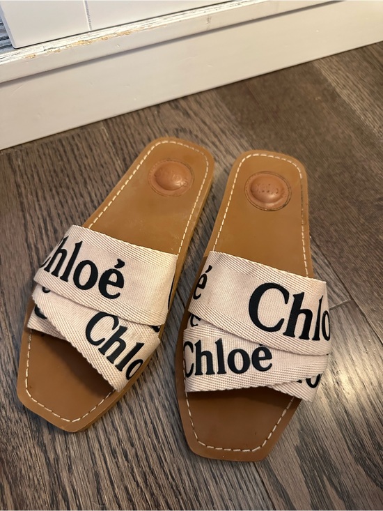 Chloe Shoes - Chloe Tan Leather & Beige Logo Slide Sandals